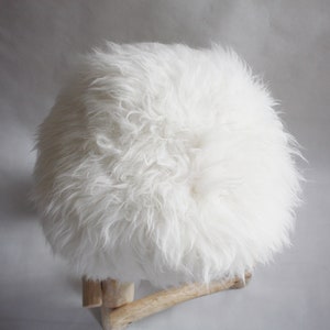 Exclusive Wooden Ottoman, Natural Sheepskin Pouffe, Handmade Minimalist chair, Scandinavian Style, Unique Handmade Furniture, image 10