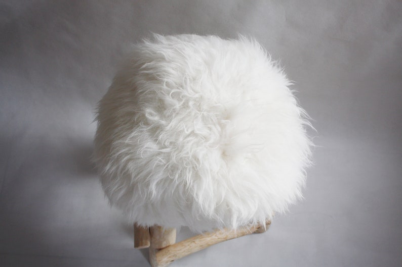 Exclusive Wooden Ottoman, Natural Sheepskin Pouffe, Handmade Minimalist chair, Scandinavian Style, Unique Handmade Furniture, image 10
