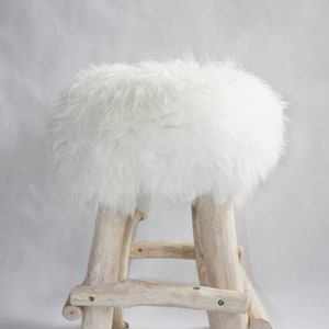 Exclusive Wooden Ottoman, Natural Sheepskin Pouffe, Handmade Minimalist chair, Scandinavian Style, Unique Handmade Furniture, image 3