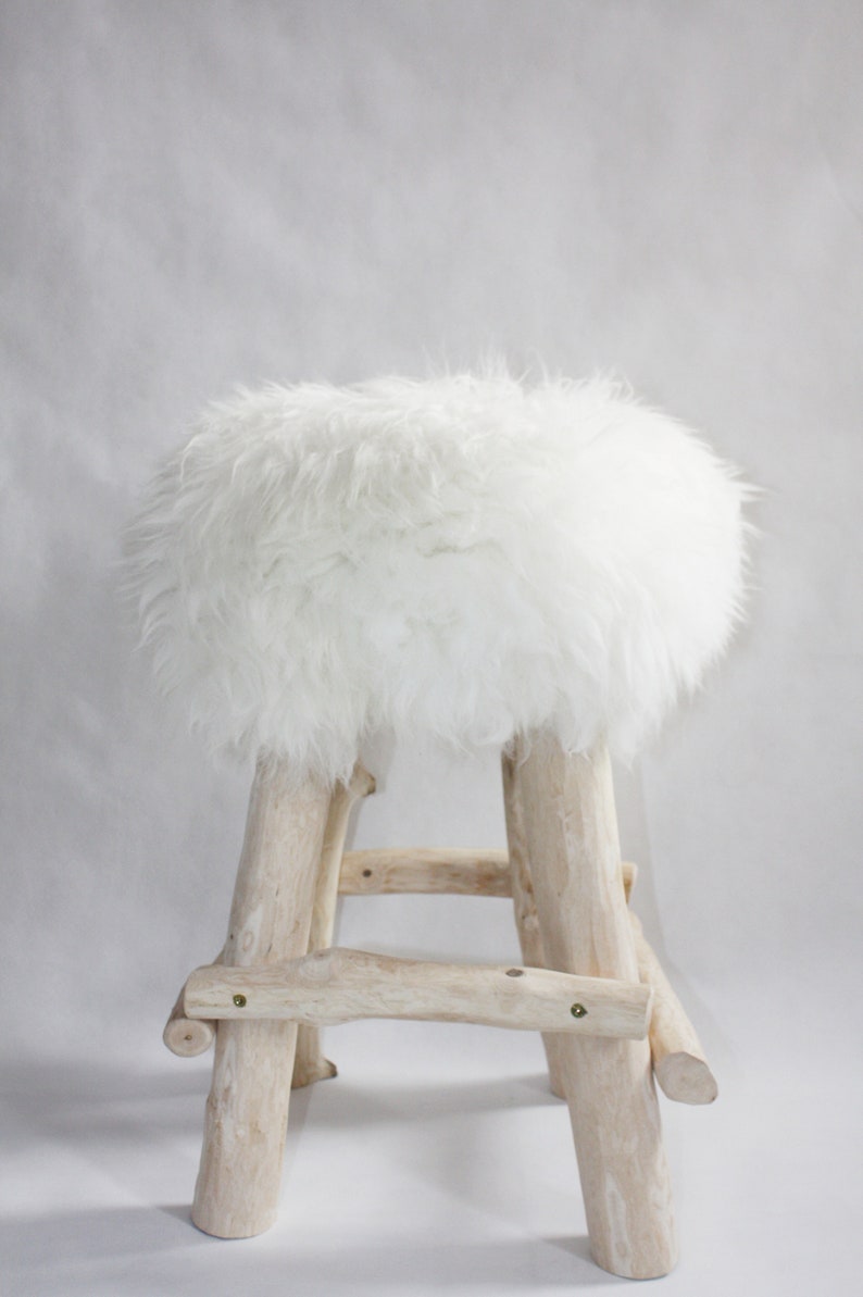 Exclusive Wooden Ottoman, Natural Sheepskin Pouffe, Handmade Minimalist chair, Scandinavian Style, Unique Handmade Furniture, image 3