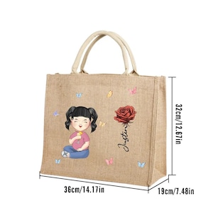 Bolsa de yute personalizada con diseño de dibujos animados para mujer, niña, nacimiento, flor, jardín de la abuela, con nombre, regalo de cumpleaños y boda para ella