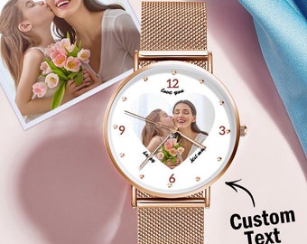 Engraved Rose Gold Alloy Bracelet Photo Watch 36mm Gifts for Mom