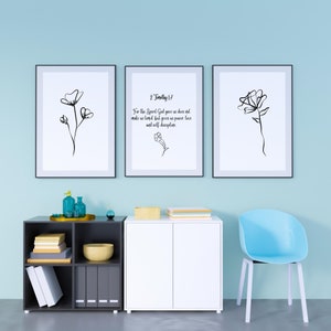 Set of 3, 2 Timothy Bible verse printable wall art, instant download, Floral minimalist, botanical garden Prints
