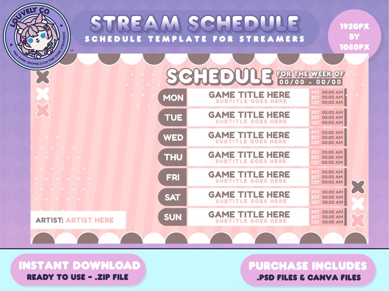 Schedule Template, Stream Schedule, Vtuber, Vtuber Graphics, Weekly