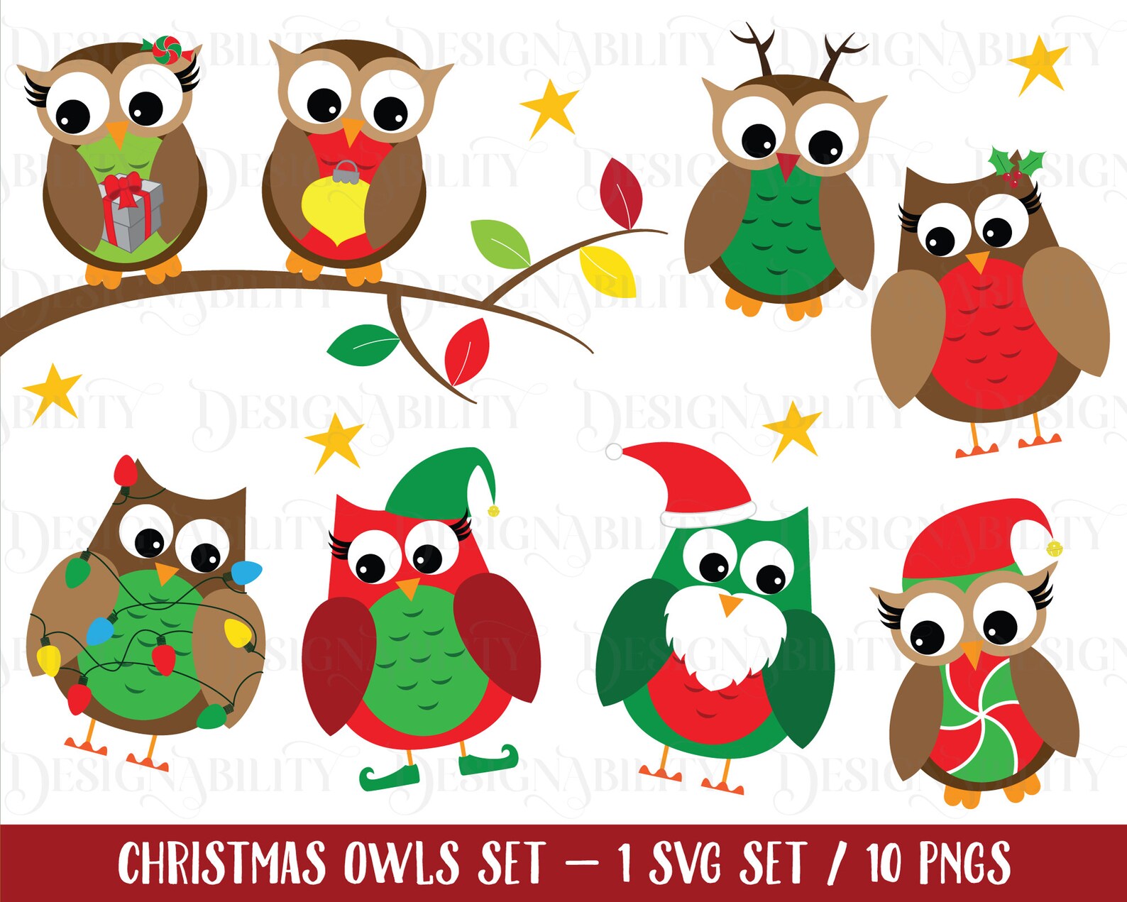 Christmas Owls Clip Art Set SVG & 10 Pngs Digital Download | Etsy