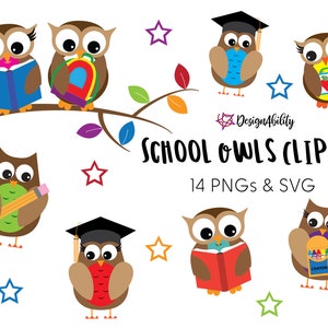 Op de afbeelding: Clipart-set van 14 schoololen in verschillende poses, die schoolbenodigdheden zoals boeken, potloden en kleurpotloden vasthouden. De uilen zijn bruin met grote ogen en dragen afstudeerhoeden. De tekst "School Owls Clipart" en "14 PNGs & SVG" is in de afbeelding opgenomen.