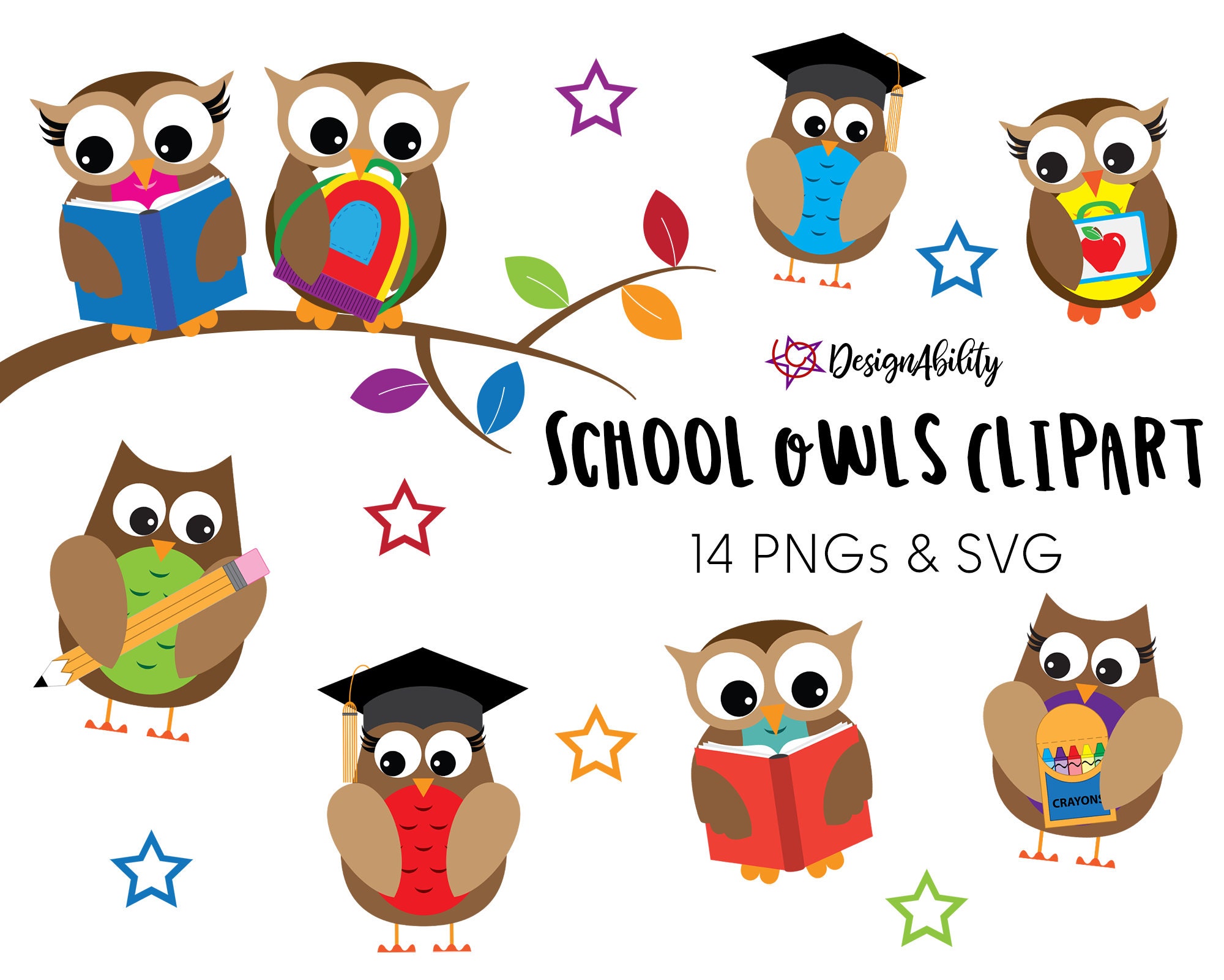 School Owls Clipart Set - SVG & 14 PNGs | Vector Clip Art | Digital Download
