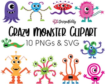 Crazy Monster Clipart Set - 1 SVG & 10 PNGs | Digital Download
