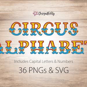 Circus Alphabet Clipart Set - Red Blue Yellow Letters & Numbers | PNG | SVG | Carnival Font for Crafts, Decor, Party and Classroom