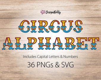 May include: Circus alphabet font with red, yellow, and blue colors. Includes capital letters and numbers. 36 PNGs and SVG files.