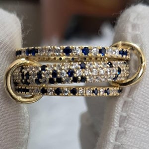 Blue Sapphire Linked Spinner Ring, Diamond Wedding Band• 925 Silver Ring•  Connected Stacker Ring•  Anniversary Eternity Ring. 3 Band Ring