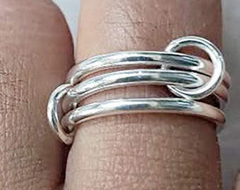 Trio Connected Stacker Band 925 Sterling Silver Chunky Plain Triple  Linked Spinner Interlocked Ring