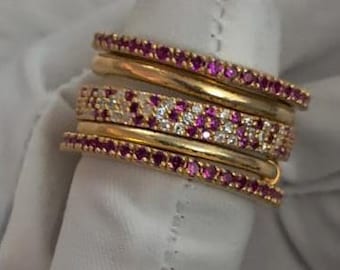Pierścionek z rubinami i diamentami, wielopunktowy, ze srebra próby 925, połączony, biżuteria ślubna, prezent na rocznicę