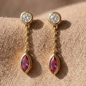 Diamond & Ruby Chain Drop Earring 925 Sterling Silver Dangling Studs Handmade Jewelry