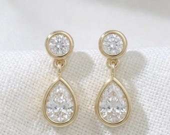 Orecchini pendenti con diamanti rotondi e a goccia in argento sterling 925, con due pietre, realizzati a mano. Gioielli pregiati.