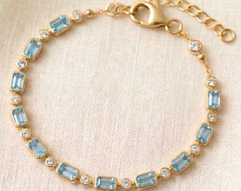 Bracciale tennis ottagonale con acquamarina e diamanti in argento sterling 925, gioiello da matrimonio, regalo di anniversario, bracciale fatto a mano