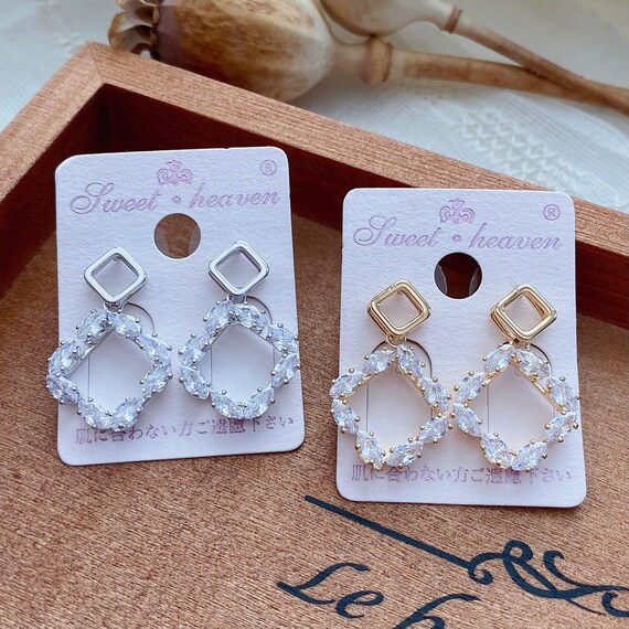 Diamond shape crystals drop earrings  | Cubic Zirconia dangling earrings| Wedding Bridal party| 14K gold plated silver post| gifts for her