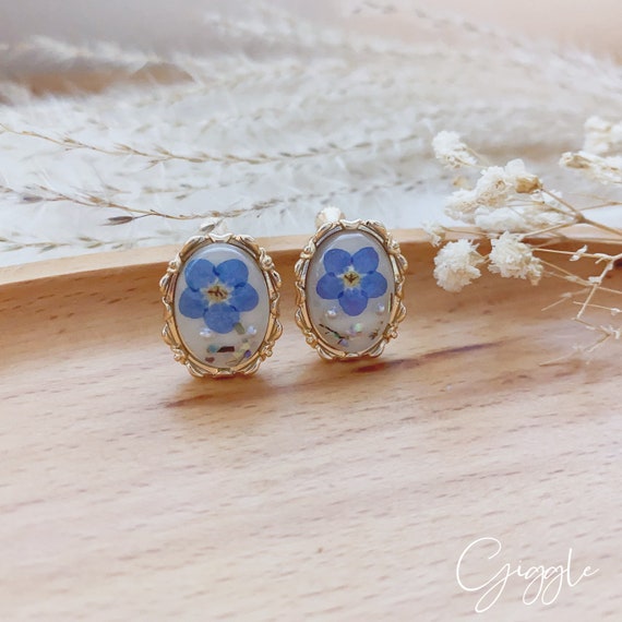 Forget Me Not Clip on Earrings Press Flower Clip on Earrings Dried