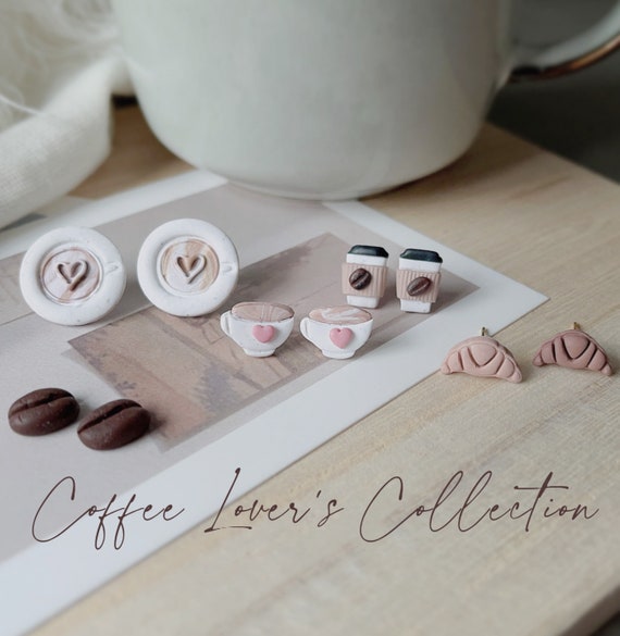 Coffee Clay Earring• Take out coffee stud • Croissant clay earring • Latte stud •Coffee Lover Gift • Coffee beans studs • Gift for barista