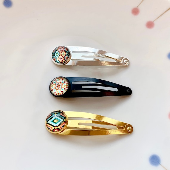 Tapestry round totem Hair Clip | ethnic glass resin Hairpin| Winter geometric sparkle stud| Boho Chic Minimalist| Personalized gift for her