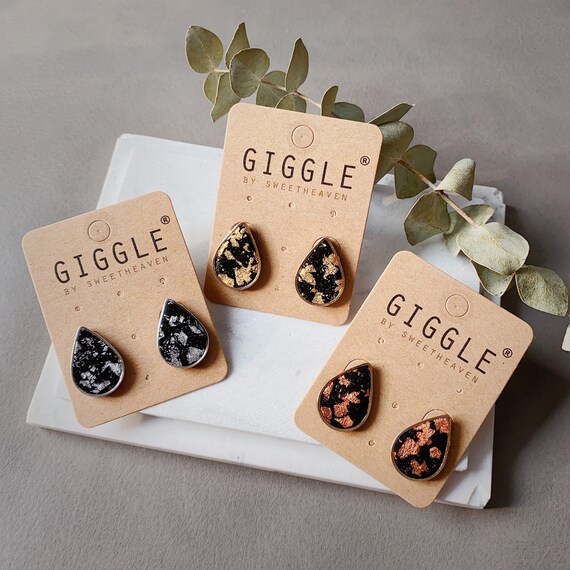 Polymer Clay water drop studs| Polymer Clay Silver foil Earrings|Tear drop Rose Gold Map Studs|Gold clay earrings|Personalized gifts for her