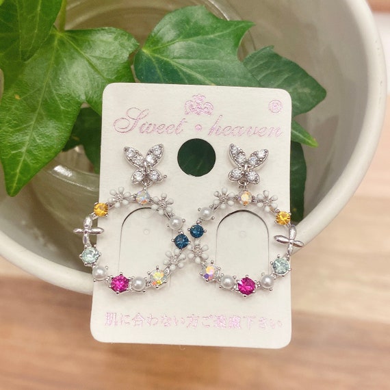 Butterfly floral Earrings| Rainbow Crystal Earrings| Butterfly Sawaroski Earrings| Dangling earring| Vintage 925 silver| gift for her