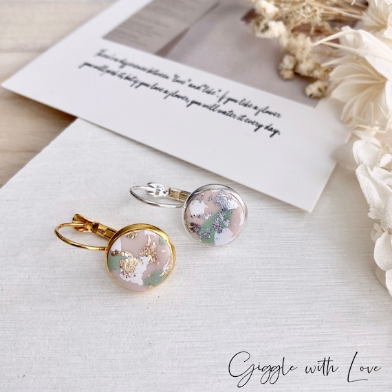 Handmade Polymer Clay Earrings|  Polymer Clay french clip earrings| Round Gold Map mini Stud| Dainty clay Stud| Personalized gifts for her