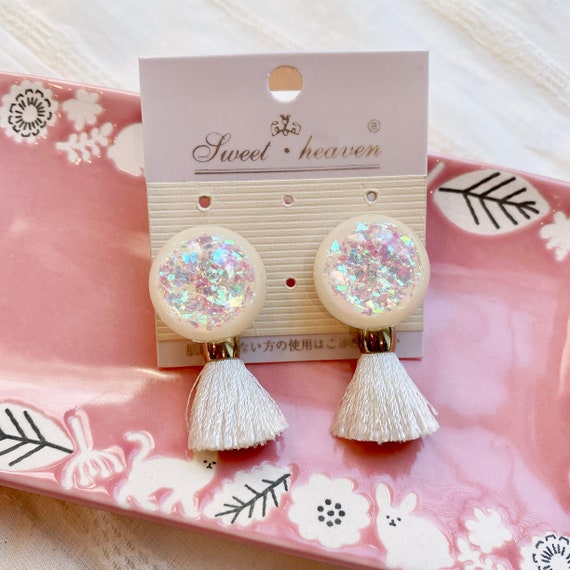 Round resin earrings with tassel backs | Large circle sequin earrings| Handmade cream fringe Stud| Sparkle Christmas Earrings| gifts for her