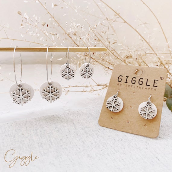 Handmade Snowflake earrings / Christmas earrings / holiday accessories / clay earrings / snowflake dangle / hoop earrings / stocking stuffer