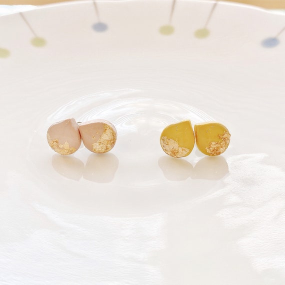 Handmade Polymer Clay Stud Pack|  Gold foil teardrop Earrings | mini gold leaf Stud| Dainty Stud lightweight| gifts for her