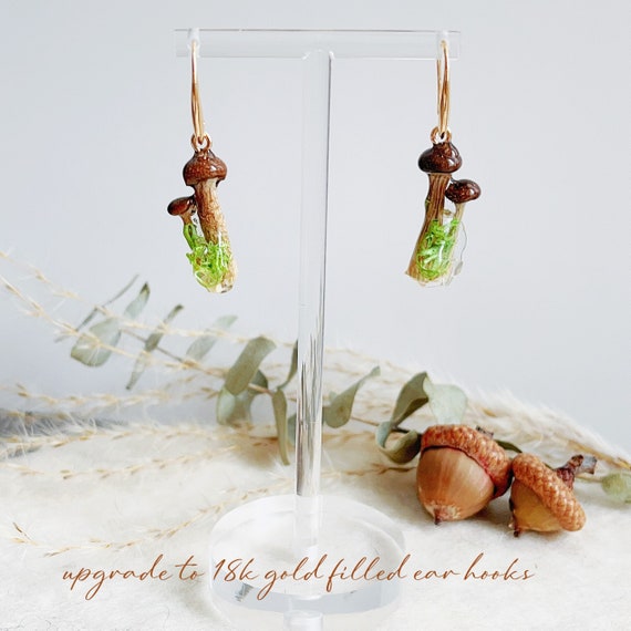 Real mushroom earrings,Resin forest jewelry ,Resin Dried Flowers Jewelry, Natural dried mushroom jewelry, fairy woodland earrings,moss jewel