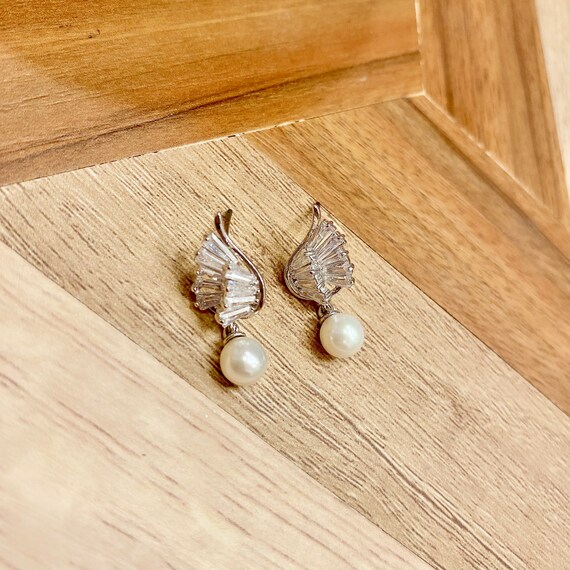 Angel wings crystals drop earrings  | Cubic Zirconia glass pearl earrings| 925 Sterling Silver post| 14K White gold plated | gifts for her