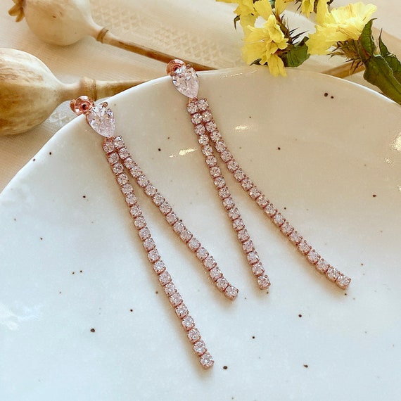 Long dangling rose gold cubic crystal earrings| Cubic zirconia long stud| Wedding Bridal stud| Rose gold tassel | Statement drop earrings