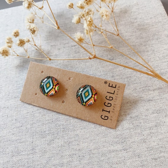 10mm Boho studs, bohemian pattern earrings, geometric round studs,clip on earrings ,hypoallergenic stainless steel earrings, gifts for her