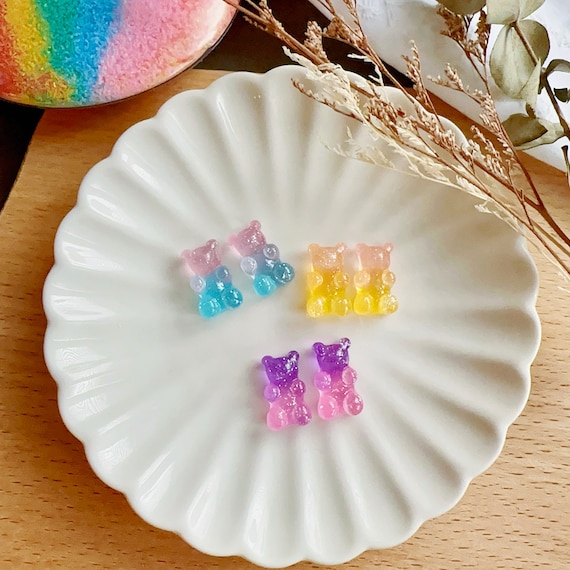Handmade Resin Gummy Bear  Stud|Gradient Gummy Bear Clip on earring|Girls glitter clip on earring| Cute girl earring|custom flower girl gift