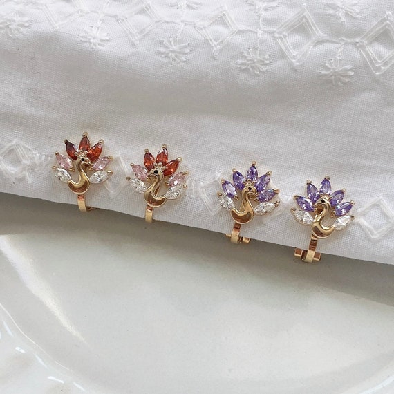 Peacock crystal clip on earrings| clip ons| Cubic crystal clip on| Purple and Red Clip on| Wedding bridesmaid clip on stud| Clip on earrings
