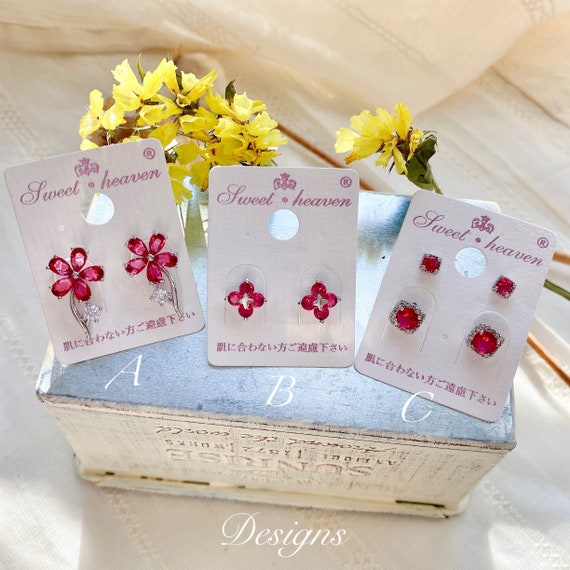 Red floral glass crystal earrings| Christmas Cubic flower stud| Wedding Bridal stud| 14K white gold plated silver post| Elegant gift for her