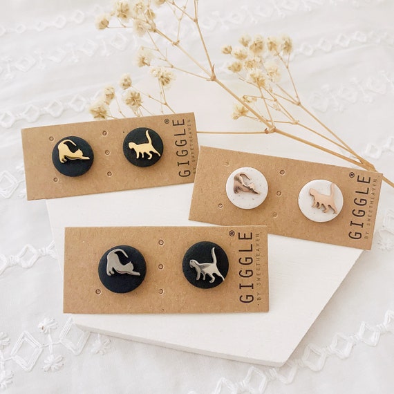 Rose gold Stainless steel studs • Playing Cat Stud Earring • Clay Cat earrings • Cat Gift • Cat Lover Gift • Cat Memorial • Gift for Cat Mom