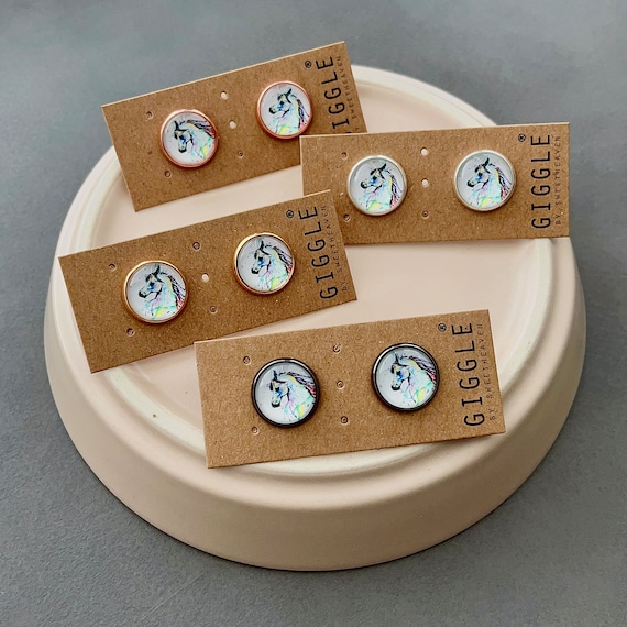 Horse stud earrings, gift for horse lover, horse jewelry, colorful horse earrings, french lever earrings, ranch horse owner gift