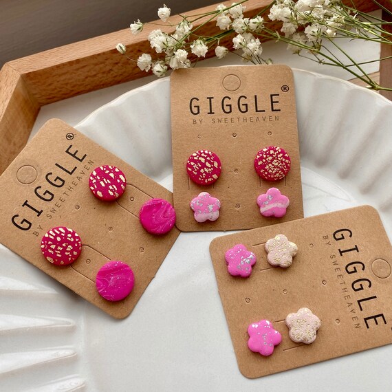 Handmade Polymer Clay Stud Packs|Mini flower clay Earrings|Pink Round Studs|Dainty flower Stud lightweight| Spring sakura | cherry blossoms