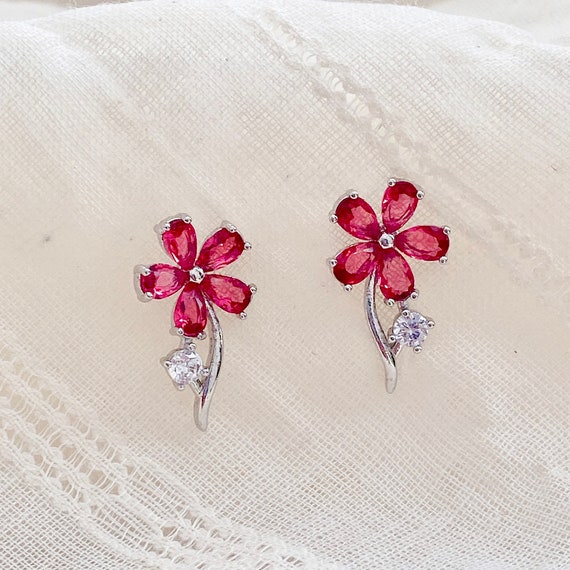 Christmas red floral crystal earring| Christmas Cubic flower stud| Wedding Bridal stud|14K white gold earring |gift for her| for mom