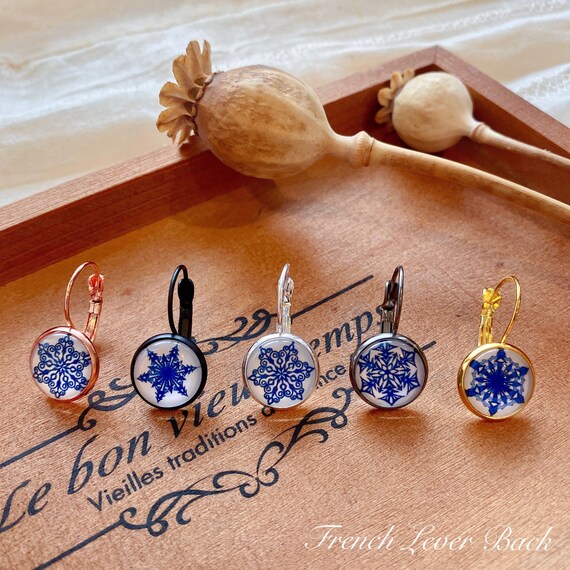 Snowflake dome glass stud| Small round floral stud| Boho Chic winter earrings| French Lever Back drop earring| Personalized Christmas gift