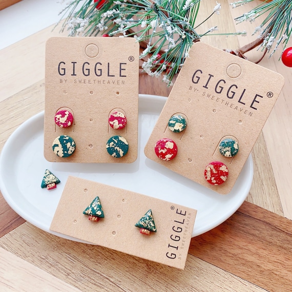Christmas Earring • Christmas Polymer Clay Stud • Christmas Tree Earrings •Red Green Round Stud•Gold leaf round stud• Personalize Xmas gift