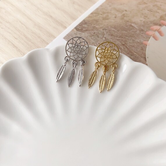 Antique Gold Dreamcatcher studs |Vintage silver crochet earrings|Feather Tassel minimalist Studs| Good luck earrings |good luck gift