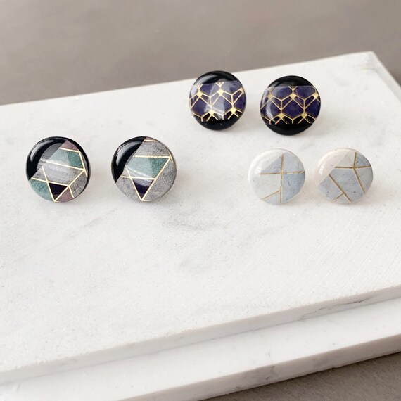 Geometric polymer clay studs| Japanese Washi paper clay earrings| lightweight Clay Stud| Handmade clay gift| Minimalist gifts |Jewelry gift