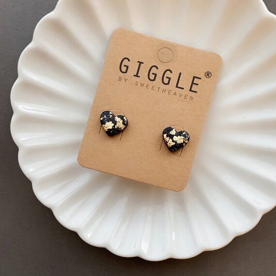 Polymer Clay Studs gold map| Polymer Clay Black Earrings | Heart Rose Gold Map mini Studs|Silver foil earrings | Personalized gifts for her