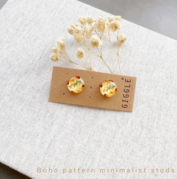 10mm Boho studs, bohemian pattern earrings, geometric round studs,clip on earrings ,hypoallergenic stainless steel earrings, gifts for her