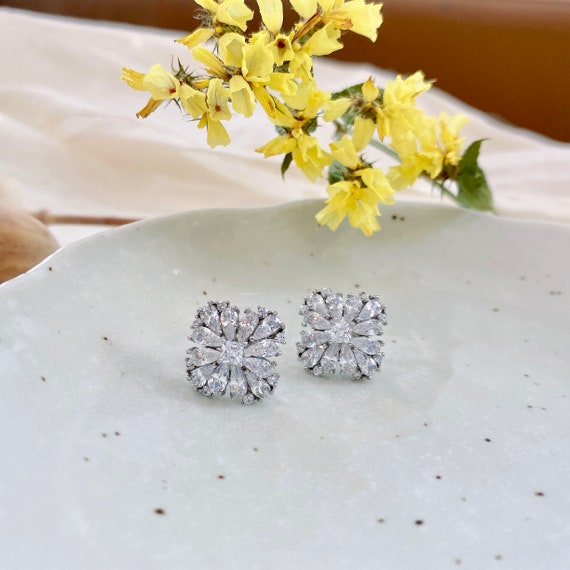 Diamond shape floral Earrings  | Crystal cubic Crown Studs | Ribbon Diamond Studs | Shell floral triangle drop earrings | gifts for her