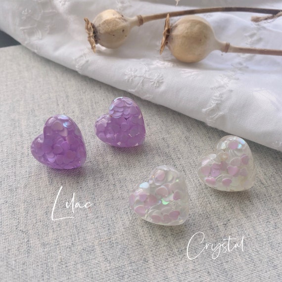 Heart Resin earrings| Heart sequins embedded studs| shiny heart earrings| lilac hearts studs| shimmer statement studs| custom gift for her