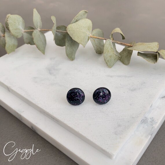 Polymer Clay Black Shimmer Studs| Black Round Clay Shimmer Earrings | Round Resin party Stud| Unisex black studs| Personalized gifts for him